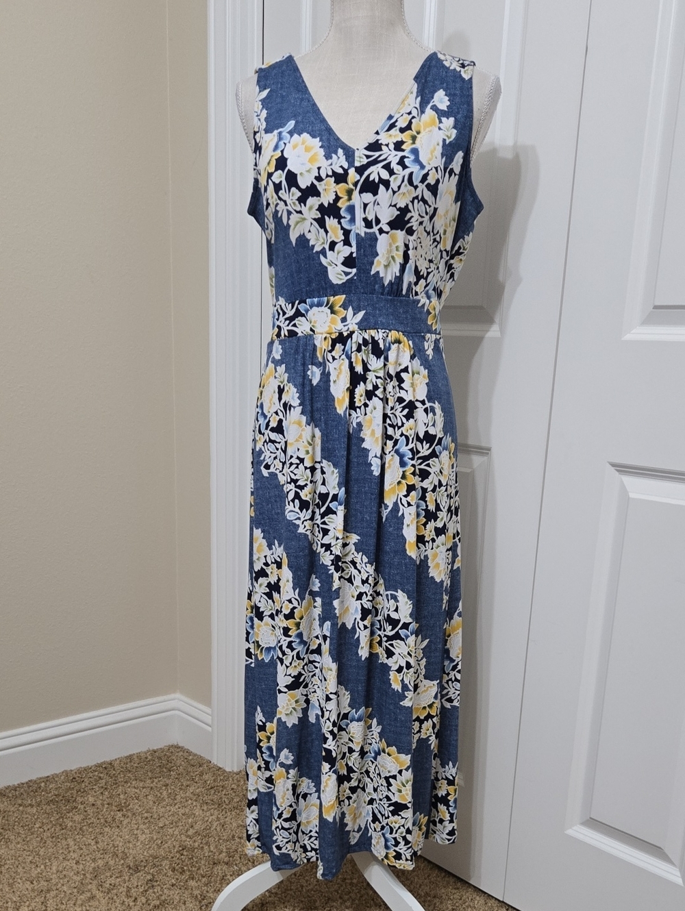 NINA LEONARD Floral V-Neck Blue Maxi Dress EXCELLENT CONDITION SZ L